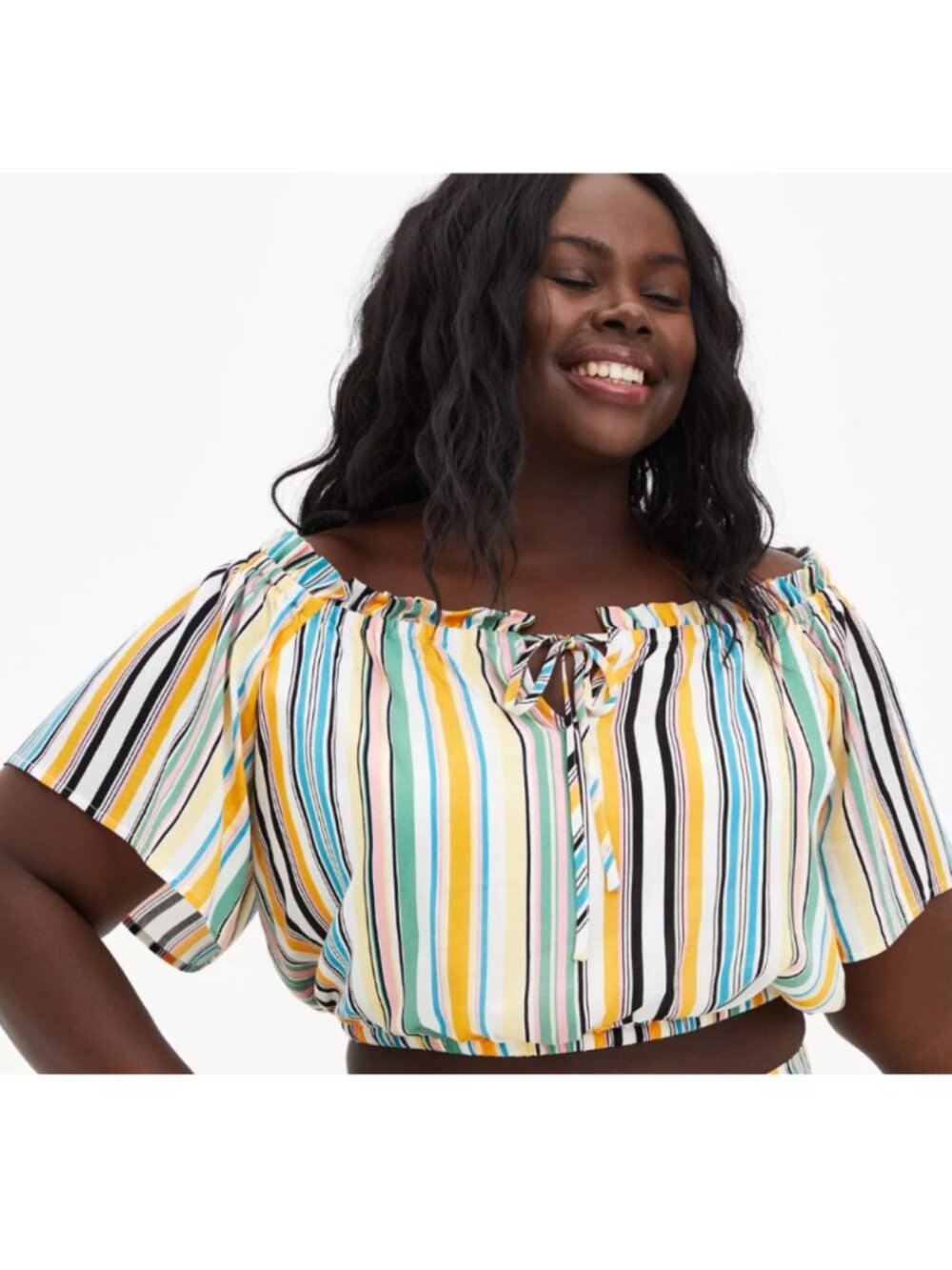 NEW NWT TORRID 1 Plus Size Multi Stripe Off Shoulder Gauze Short Sleeve Crop Top